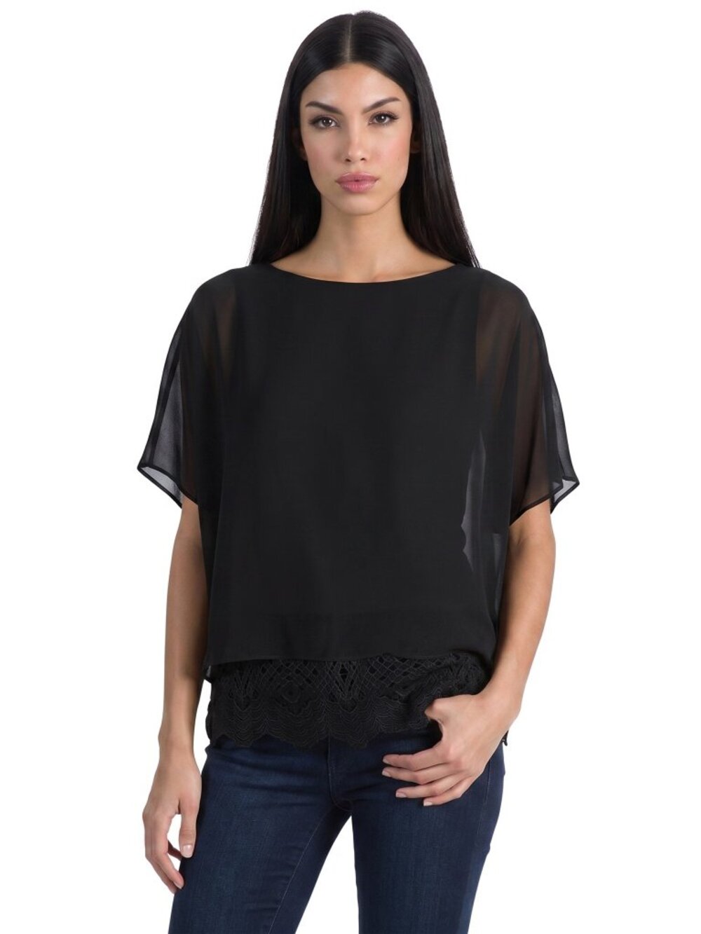 NWT CALVIN KLEIN Black Chiffon Dolman Top Lace XS NEW CK